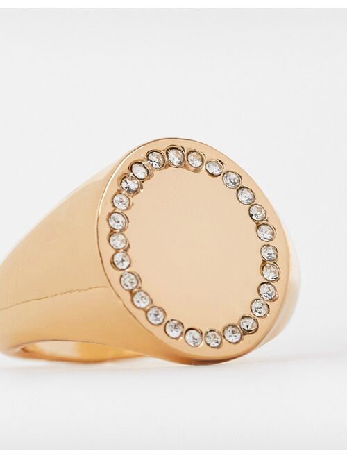 Reclaimed Vintage inspired signet ring with crystal detail in gold