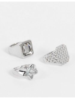 3 pack signet ring set in silver tone with jewel star