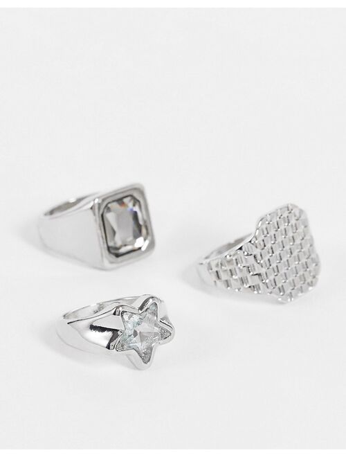 ASOS DESIGN 3 pack signet ring set in silver tone with jewel star