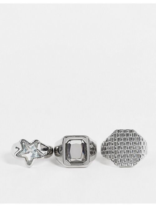 ASOS DESIGN 3 pack signet ring set in silver tone with jewel star