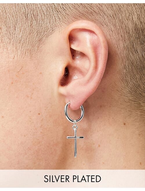 ASOS DESIGN hoop earrings with chunky cross in real silver plate