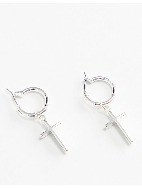 ASOS DESIGN hoop earrings with chunky cross in real silver plate