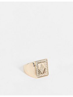 signet ring with vintage playing cards and rhinestone detail in gold tone