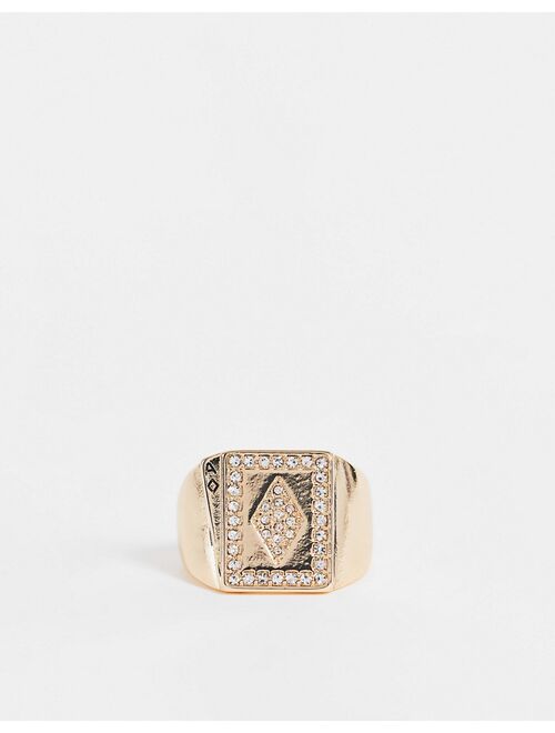 ASOS DESIGN signet ring with vintage playing cards and rhinestone detail in gold tone