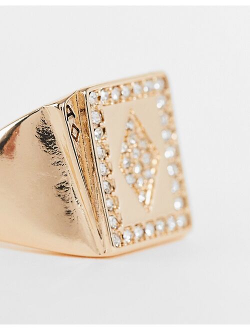 ASOS DESIGN signet ring with vintage playing cards and rhinestone detail in gold tone