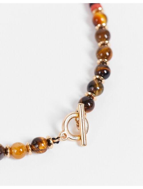 ASOS DESIGN beaded neckchain with t-bar in brown