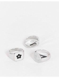 3 pack signet ring set with heart and flower design in silver tone