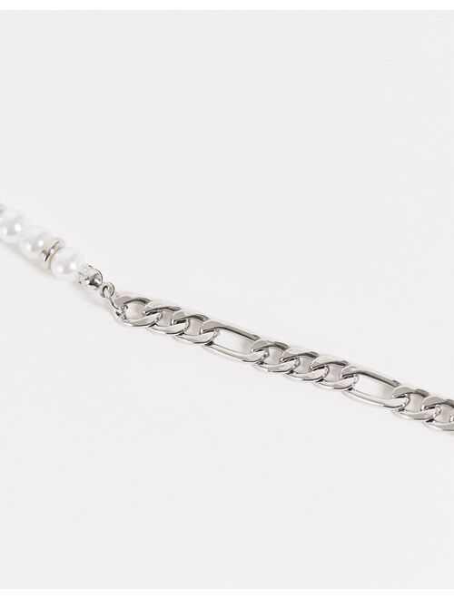 ASOS DESIGN neckchain in half white faux pearl and half silver tone chain