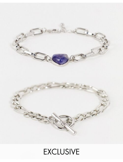 Reclaimed Vintage inspired unisex grunge heart stone bracelets in silver 2 pack