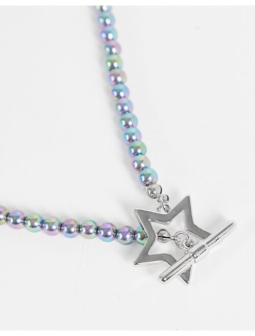 Reclaimed Vintage inspired unisex short necklace with star t bar in mini dark faux pearl
