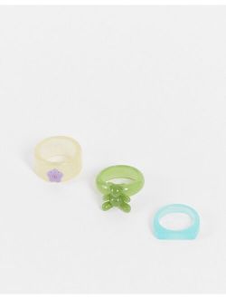 3 pack plastic ring set with bear and flower design in multicolor