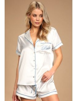 Miss to Mrs White Embroidered Satin Two-Piece Pajama Set