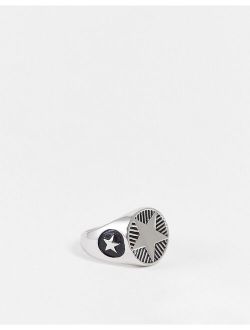 stainless steel signet ring with chunky star embossing in silver tone