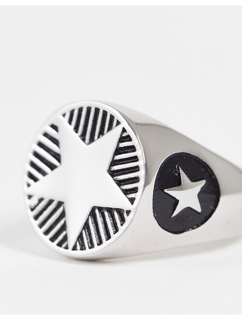 ASOS DESIGN stainless steel signet ring with chunky star embossing in silver tone
