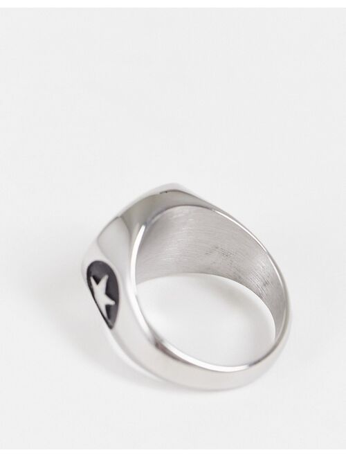 ASOS DESIGN stainless steel signet ring with chunky star embossing in silver tone