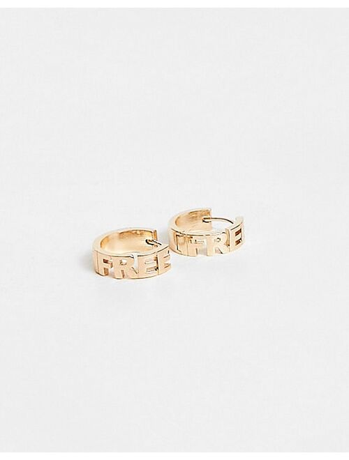 ASOS DESIGN hoop earrings with 'Free' text in gold tone