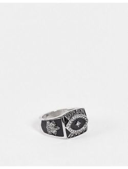 signet ring with football championship design in silver and black