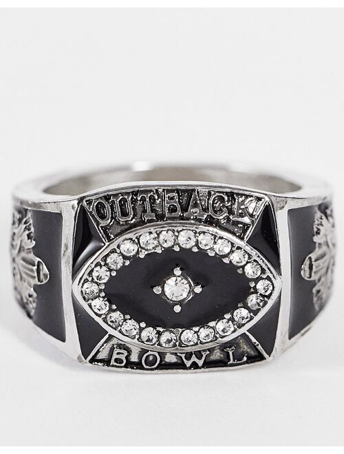 ASOS DESIGN signet ring with football championship design in silver and black