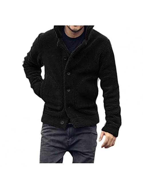 KEEYO Mens Sherpa Fleece Jacket Fashion Button Up Thick Quilted Lined Windproof Fuzzy Winter Teddy Coat Outwear with Pockets