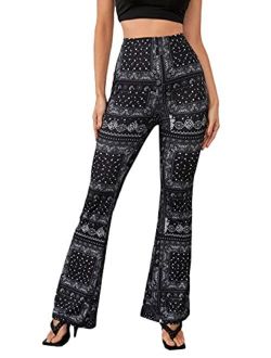 Women's Paisley Print Elastic Waist Flare Leg Workout Pants