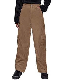 Women's High Waist Flap Pocket Zipper Corduroy Cargo Pants
