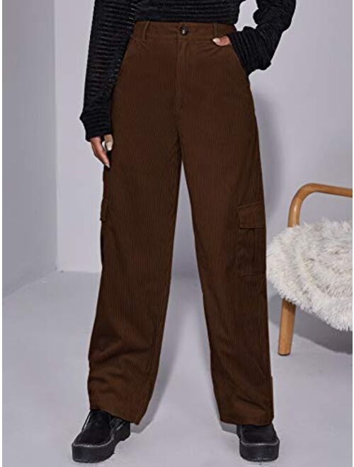 Floerns Women's High Waist Flap Pocket Zipper Corduroy Cargo Pants