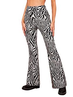 Women's Zebra Print High Waist Flare Leg Pants Trousers
