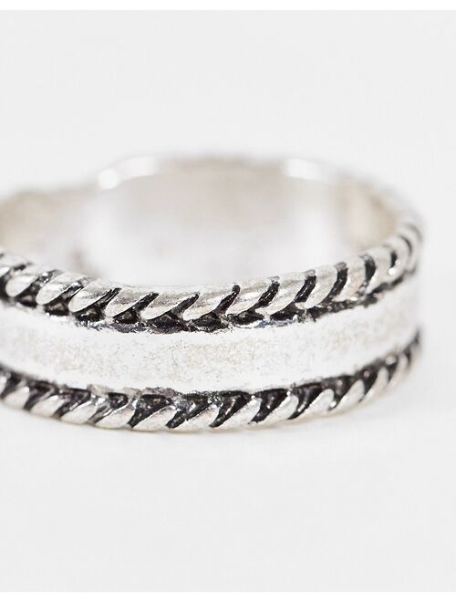 ASOS DESIGN band ring with rope edges in burnished silver tone