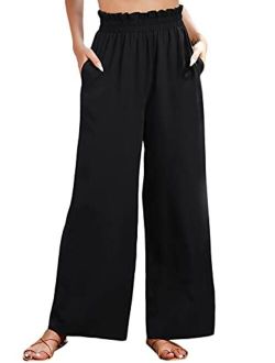 Women's Casual Paper Bag Elastic Waist Pants Wide Leg Trousers with Pockets