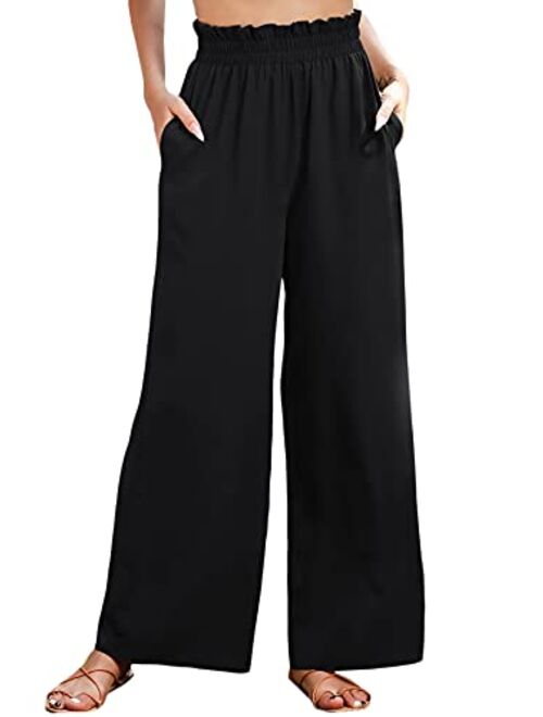 Floerns Women's Casual Paper Bag Elastic Waist Pants Wide Leg Trousers with Pockets