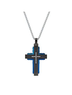Black & Blue Stainless Steel Cubic Zirconia Cross Pendant Necklace