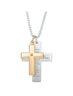 Two Tone Stainless Steel "Serenity Prayer" Double Cross Pendant Necklace