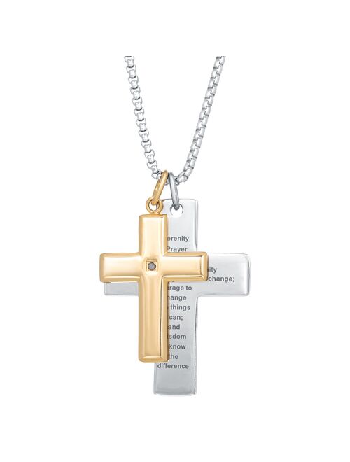 Men's LYNX Two Tone Stainless Steel "Serenity Prayer" Double Cross Pendant Necklace