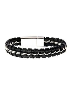 Men's Stainless Steel Black Braided Leather Clasp Bracelet