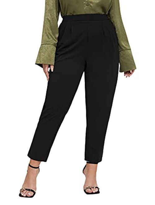 Floerns Women's Plus Size Solid Pleated Cropped Tapered Pants with Pockets