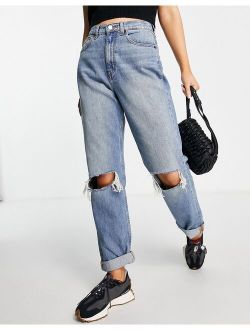 high rise slouchy mom jeans in stone wash with rips