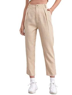 Women's Plaid Print High Waisted Cropped Straight Leg Pants with Pocket