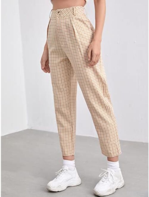 Floerns Women's Plaid Print High Waisted Cropped Straight Leg Pants with Pocket