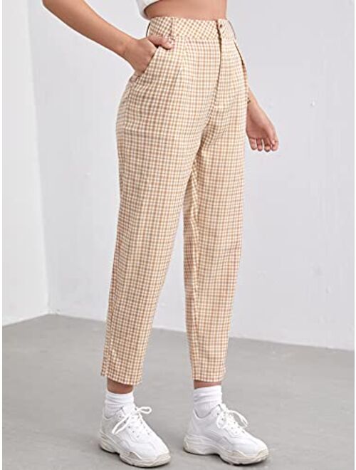 Floerns Women's Plaid Print High Waisted Cropped Straight Leg Pants with Pocket