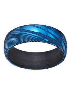 Damascus Steel Blue Ion Plated Carbon Fiber Sleeve Ring