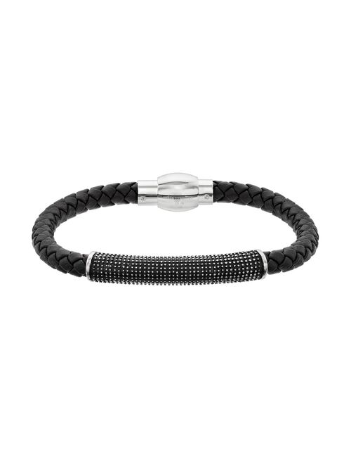 LYNX Men's Textured Bar Black Leather Bracelet