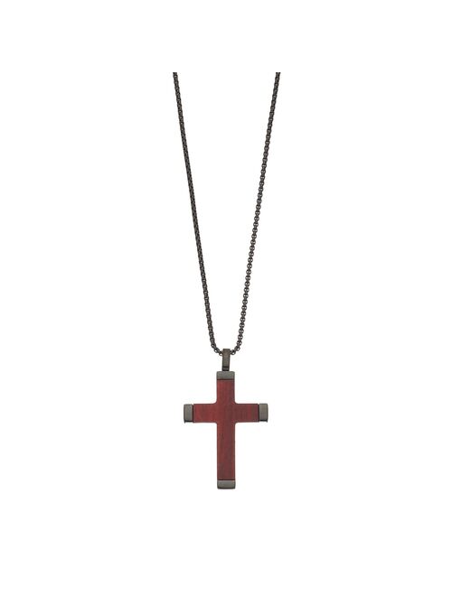 LYNX Men's Black Stainless Steel & Wood Cross Pendant Necklace