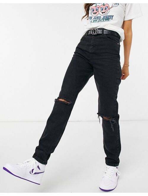 ASOS DESIGN high rise 'original' mom jeans in black with rips