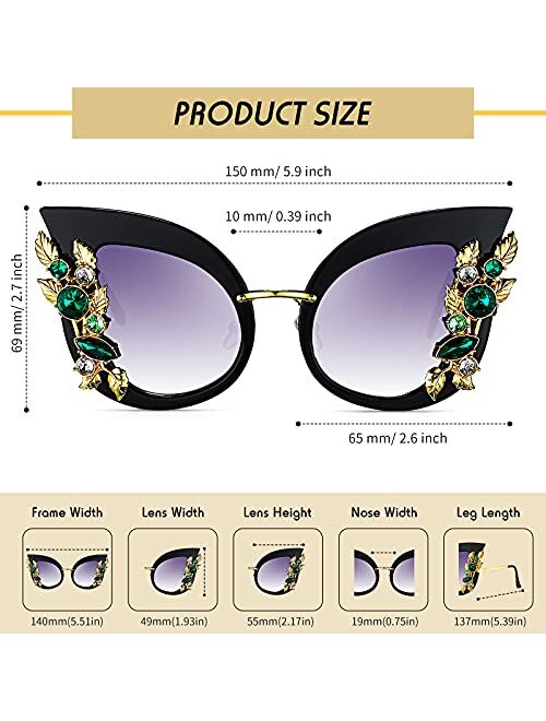 Frienda 2 Pairs Jeweled Sunglasses Oversized Cat Eye Butterfly Shaped Crystal Diamond Jeweled Sun Glasses for Women and Girls