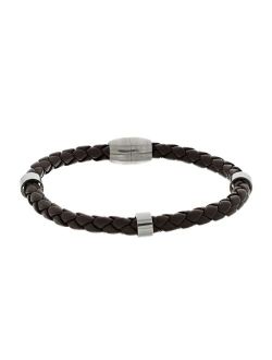 1913 Men's Brown Leather Bracelet with Stainless Steel Stations