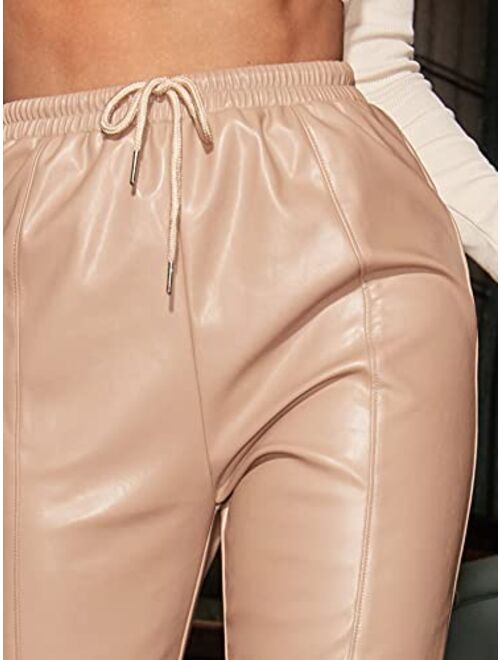 Floerns Women's Drawstring High Waisted Cropped Tapered Pu Leather Pants