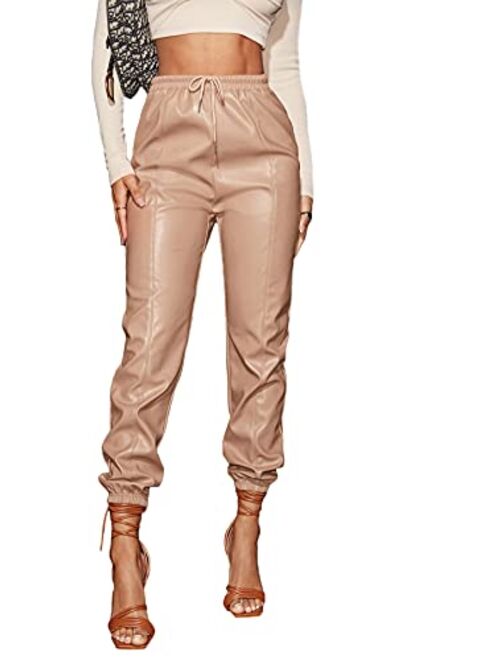 Floerns Women's Drawstring High Waisted Cropped Tapered Pu Leather Pants