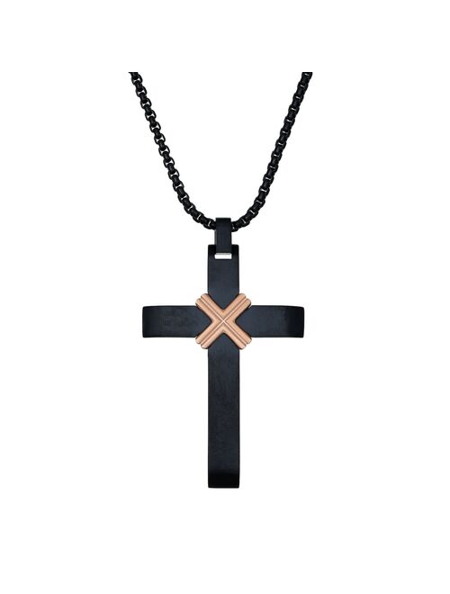 Men's LYNX Black & Rose Gold Ion-Plated Stainless Steel Cross Pendant Necklace