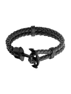 Men's Black Leather Anchor Bracelet