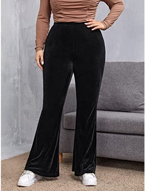 Floerns Women's Plus Size Velvet Flare Leg Pants Solid Bell Bottom Trousers